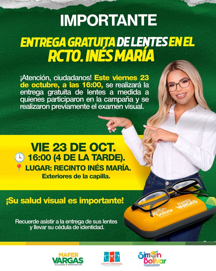 Entrega gratuita de lentes este viernes en el Recinto Inés María