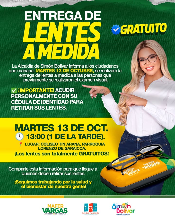 Simón Bolívar entrega lentes de lectura mañana con requisito de cédula